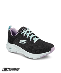 Skechers Black Knit/ Lavender Trim Arch Fit Comfy Wave Women's Lace Up Athletic Nursing Shoes