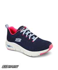 Skechers Navy Knit/ Hot Pink Trim Arch Fit Comfy Wave Women's Lace Up Athletic Nursing Shoes