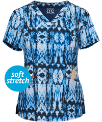 Barco One Natural Indigo Women's 3-Pocket V-Neck Print Scrub Top
