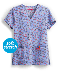 Betsey Johnson Tropical Flamingo Bell Women's 2-Pocket V-Neck Print Scrub Top