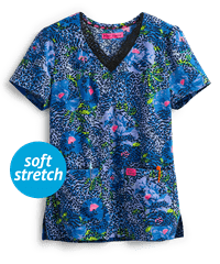 Betsey Johnson Camellia Jungle Floral Women's 2-Pocket V-Neck Print Scrub Top