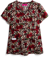 Betsey Johnson Floral Cheetah Calla Women's 2-Pocket Mock Wrap Print Scrub Top