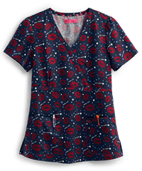 Betsey Johnson Star Lips Calla Women's 2-Pocket Mock Wrap Print Scrub Top