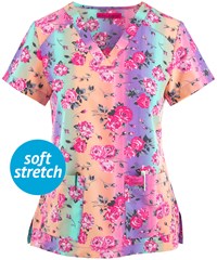 Betsey Johnson Bell Valley Rose Ombre Women's 2-Pocket STRETCH V-Neck Print Scrub Top