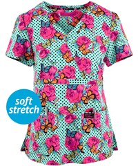 Betsey Johnson Calla Polka Floral Women's 2-Pocket STRETCH Mock Wrap Print Scrub Top 