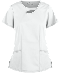 Style # BSS749: WHITEUA Butter-Soft STRETCH Women's 2-Pocket Asymmetric Keyhole Scrub Top