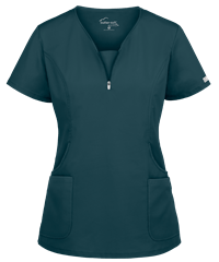 Style # BSS979: CARIBUA Butter-Soft STRETCH Women's 4-Pocket Curved Neck Zipper Scrub Top 