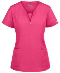 Style # BSS979: FUCHSUA Butter-Soft STRETCH Women's 4-Pocket Curved Neck Zipper Scrub Top 