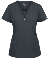 Style # BSS979: PEWTEUA Butter-Soft STRETCH Women's 4-Pocket Curved Neck Zipper Scrub Top 
