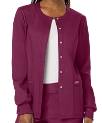 Style # CK310: WINECherokee Workwear Revolution Women's 3-Pocket STRETCH Snap-Front Scrub Jacket