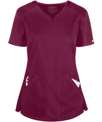 Style # CK601: WINECherokee Workwear Revolution Women's 2-Pocket STRETCH Mesh Trim Shaped V-Neck Scrub Top