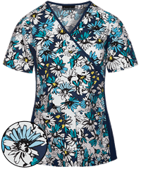 Cherokee Flexibles Bold Blooms Women's 2-Pocket Mock Wrap STRETCH Print Scrub Top