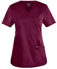 Style # CK610: WINECherokee Workwear Revolution Women's 2-Pocket STRETCH Mock Wrap Scrub Top