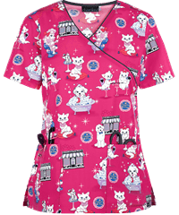 Cherokee Beauty Paw-lor Women's 2-Pocket Mock Wrap Print Scrub Top