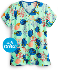 Cherokee Tooniforms Disney Dory State of Mind Pixar Women's 3-Pocket V-Neck Print Scrub Top