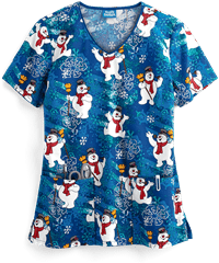 Cherokee Tooniforms Frosty the Snow Man Snowflake Frosty Women's 3-Pocket V-Neck Print Scrub Top