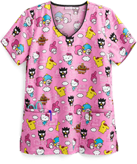 Cherokee Tooniforms Hello Kitty Hello Sanrio Town Women's 3-Pocket V-Neck Print Scrub Top