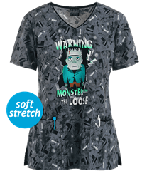 Cherokee Tooniforms Universal Studios Monster Warning Women's 3-Pocket V-Neck Print Scrub Top