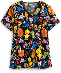 Cherokee Tooniforms Sesame Street Mini Sesame Women's 3-Pocket V-Neck Print Scrub Top