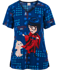 Cherokee Tooniforms Disney Pixar Babysitting Mode Women's 2-Pocket V-Neck Print Scrub Top