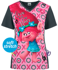 Cherokee Tooniforms Dreamworks Trolls Love is in the Hair Women's 1-Pocket V-Neck Print Scrub Top