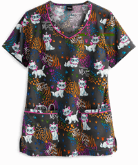 Cherokee Tooniforms Disney Celebrating Meow Women's 2-Pocket V-Neck Print Scrub Top