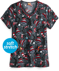 Cherokee Tooniforms Dr. Seuss Here Comes Trouble Women's 2-Pocket V-Neck Print Scrub Top