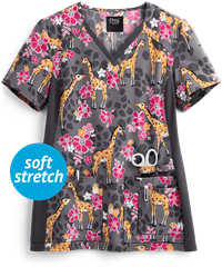 Cherokee iflex Spotted In The Wild Women's 4-Pocket V-Neck STRETCH Print Scrub Top