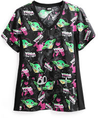 Cherokee Tooniforms Star Wars Yoda One I Want Women's 4-Pocket V-Neck Print Scrub Top