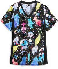 Cherokee Tooniforms DreamWorks Trolls Glitter Trolls 4-Pocket V-Neck Print Scrub Top