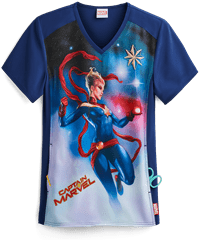 Cherokee Tooniforms Marvel Captain Marvel Women's 1-Pocket V-Neck Print Scrub Top