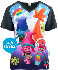 Cherokee Tooniforms Trolls Musical Genius Women's 1-Pocket V-Neck Print Scrub Top