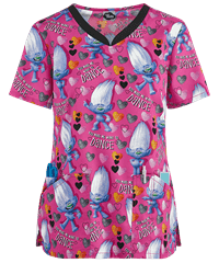 Cherokee Tooniforms DreamWorks Trolls Diamond Dance Women's 3-Pocket V-Neck Print Scrub Top