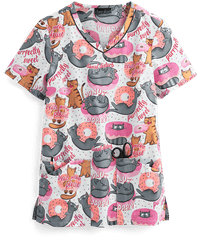 Cherokee Genuine Prints Treats Meow Women's 3-Pocket V-Neck Print Scrub Top 