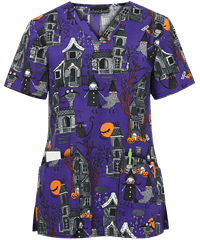 Cherokee Genuine Haunted Halloween Women's 2-Pocket V-Neck Print Scrub Top