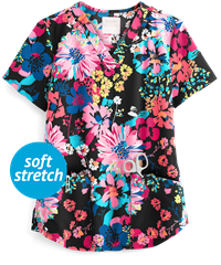 Cherokee Genuine Prints Brushy Blooms Women's 2-Pocket V-Neck Print Scrub Top 