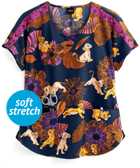 Cherokee Tooniforms Disney Nala and Simba Women's 2-Pocket Round Notched Neck Print Scrub Top