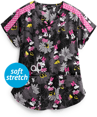 Cherokee Tooniforms Disney Love and Flowers Women's 2-Pocket Round Notched Neck Print Scrub Top