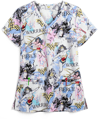 Cherokee Tooniforms DC Comics Fierce Hero Women's 2-Pocket V-Neck Print Scrub Top