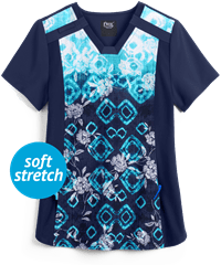 Cherokee iflex Tie Dye Blooms Women's 1-Pocket V-Neck STRETCH Print Scrub Top