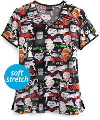 Cherokee Tooniforms Beware Of Monsters Women's 2-Pocket V-Neck Print Scrub Top