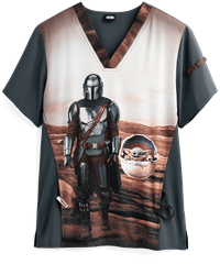 Cherokee Tooniforms Star Wars Mandalorian Men's 1-Pocket V-Neck Print Scrub Top