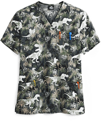 Cherokee Tooniforms Jurassic World Jurassic Dino Stomp Men's 3-Pocket V-Neck Print Scrub Top