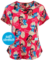Cherokee Tooniforms Disney Adopt Today Women's 2-Pocket Lace-Up Notched Round Neck Print Scrub Top