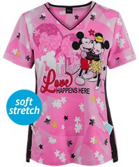 Cherokee Tooniforms Disney Shaped Love Happens Women's 2-Pocket V-Neck Print Scrub Top