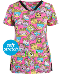 Cherokee Tooniforms Sanrio Shaped Supercute Snack Pack Women's 3-Pocket V-Neck Print Scrub Top