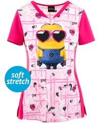 Cherokee Tooniforms Smitten Minion Women's 3-Pocket STRETCH Diamond Neck Print Scrub Top 