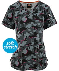Dickies Dynamix Tough Glowing Hot Pink Women's 3-Pocket STRETCH V-Neck Print Scrub Top