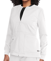 Style # GRS017: WHITEGrey's Anatomy Spandex STRETCH Millie Women's 3-Pocket Zip Front Warm Up Scrub Jacket
