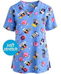 Green Town Around the World Women's 3-Pocket STRETCH V-Neck Print Scrub Top 